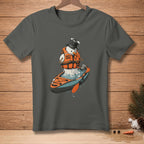 Snowman wearing life vest and top hat kayaking with "SAFETY FIRST" text.