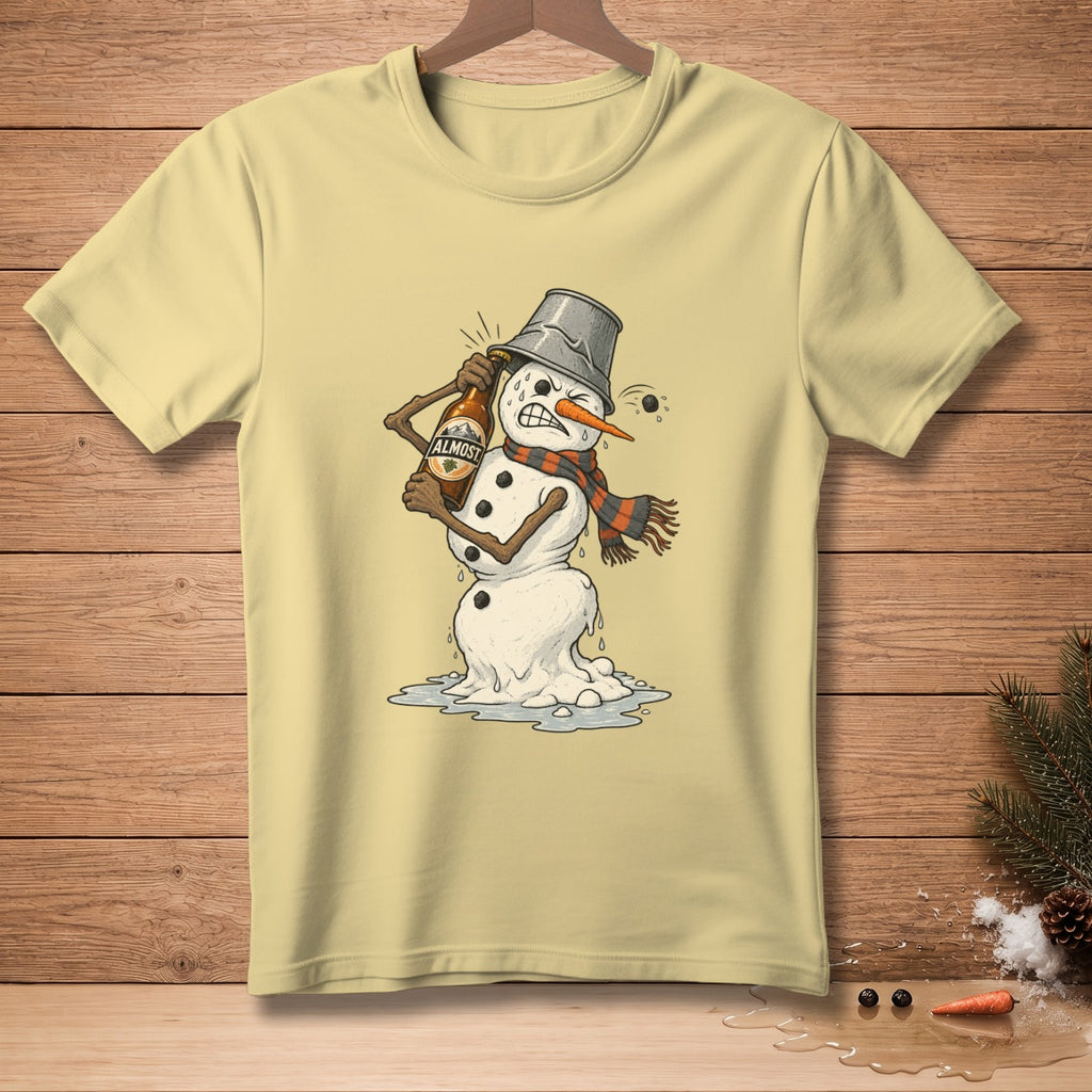 Melting snowman with bucket hat drinks beer labeled "Almost"