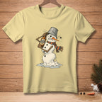 Melting snowman with bucket hat drinks beer labeled "Almost"