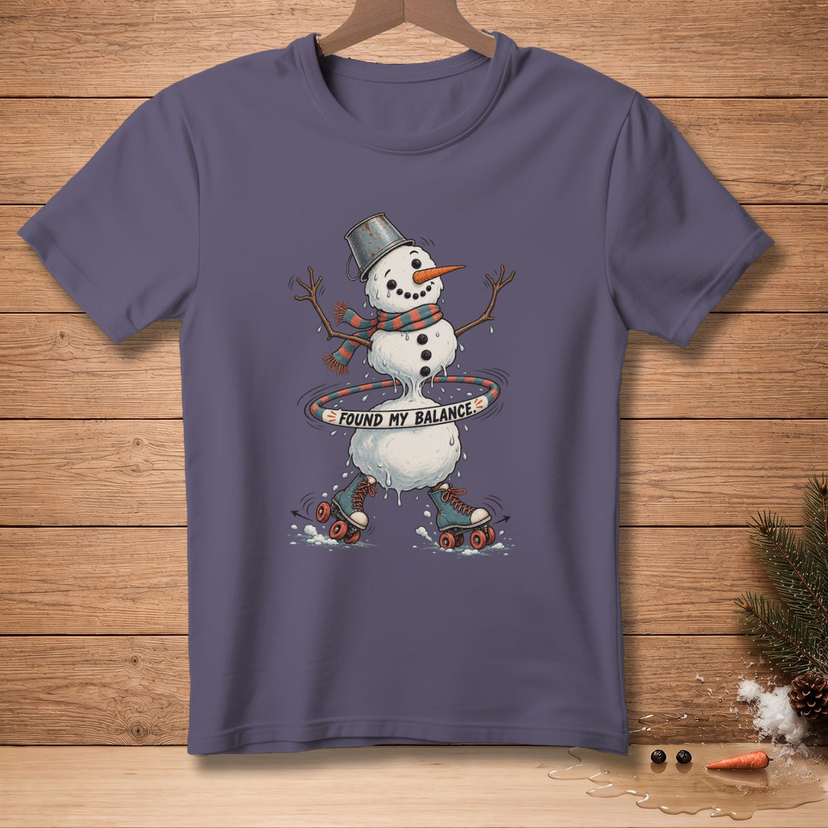 Snowman on roller skates hooping with text "FOUND MY BALANCE".
