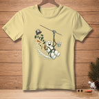 Snowman ziplining with a bucket, scarf, and carrot. "Great Photo" text on sign.