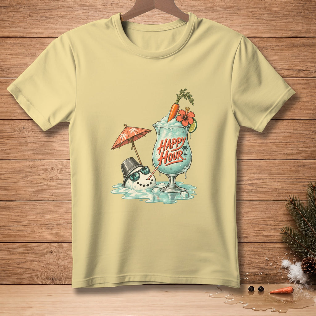 Yellow t-shirt with a melting snowman and a frosty drink with "Happy Hour" text.