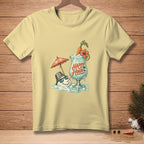 Yellow t-shirt with a melting snowman and a frosty drink with "Happy Hour" text.