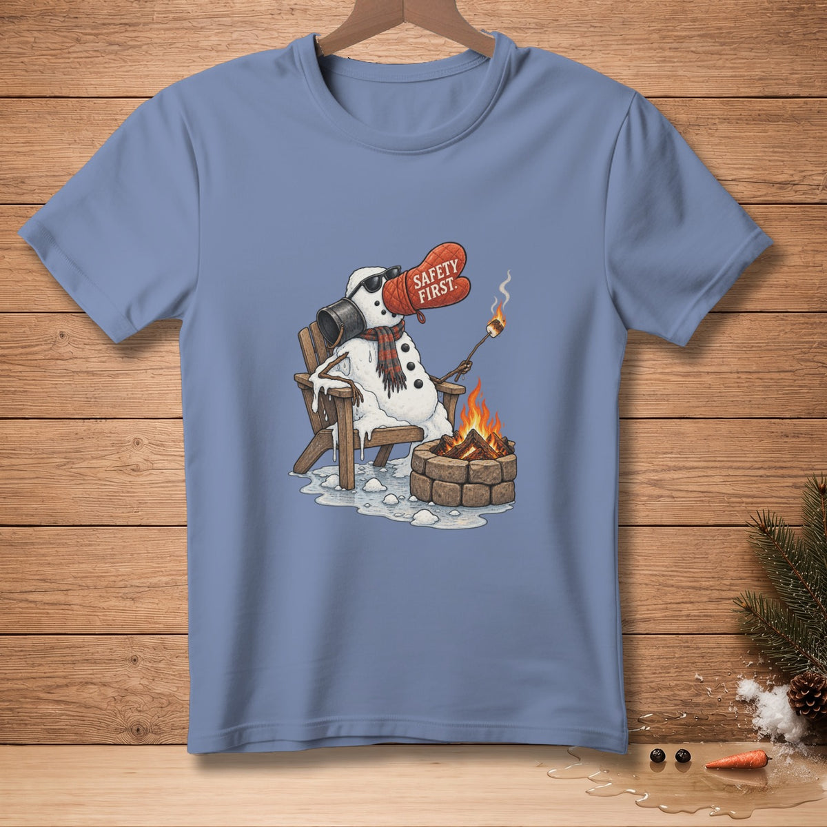 Snowman with a bucket hat, sunglasses, and "Safety First" mitt roasts a marshmallow by a campfire.