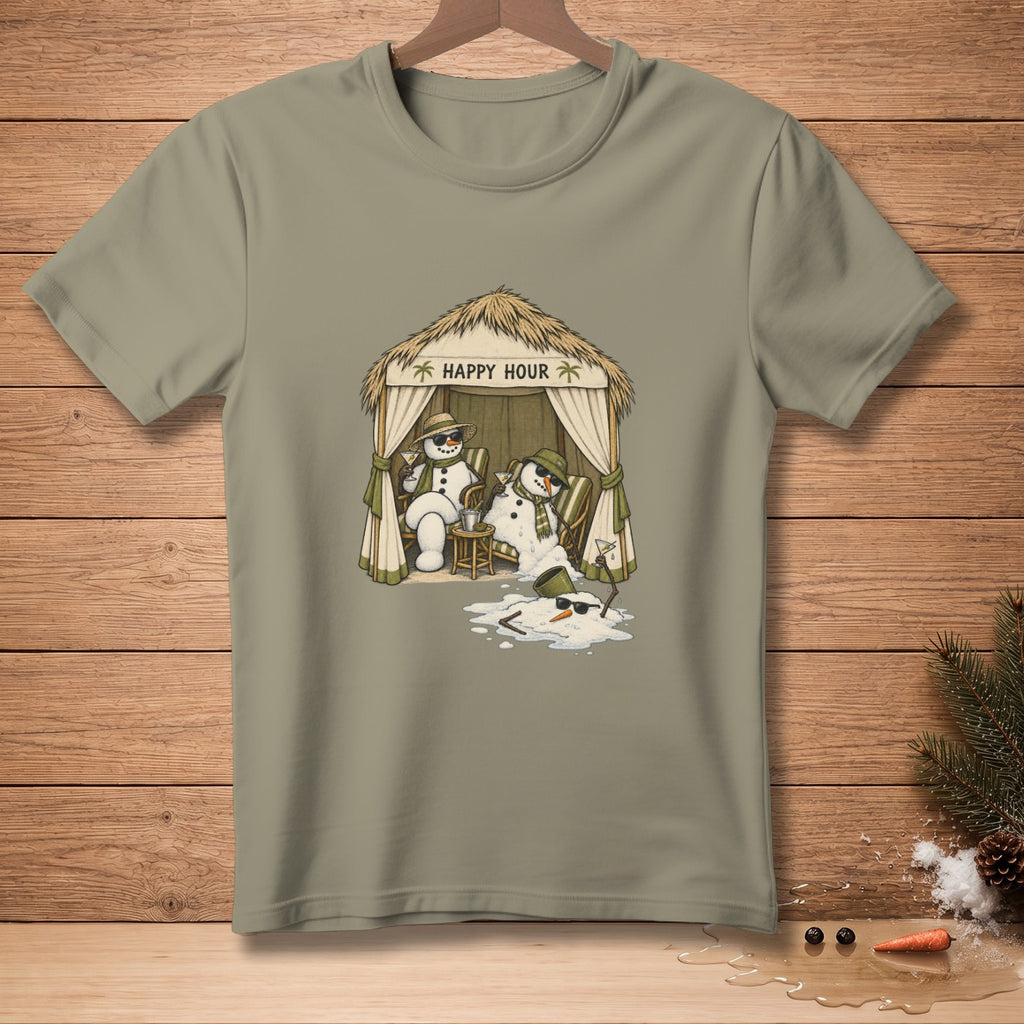 Two melting snowmen enjoy drinks under a thatched hut with text "HAPPY HOUR."