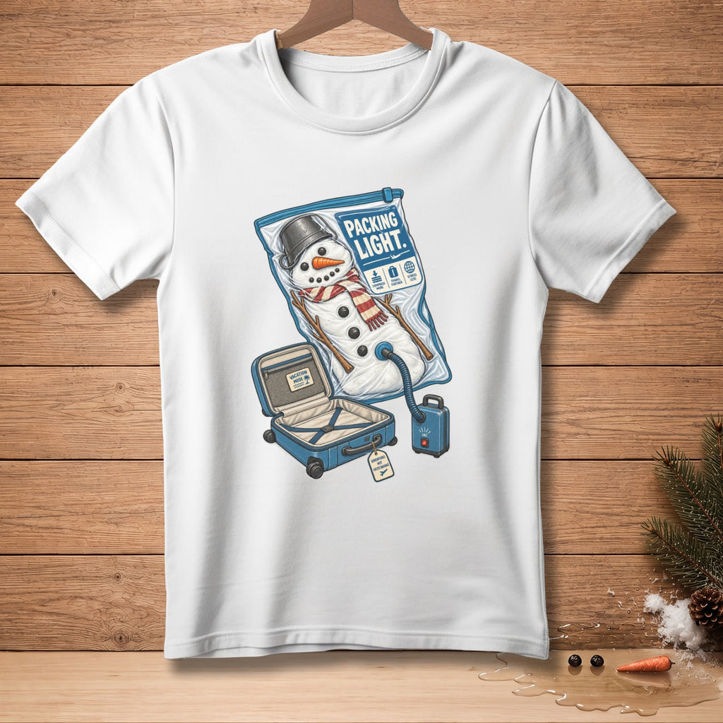 Snowman in a vacuum-sealed bag with "Packing Light" text and suitcase.