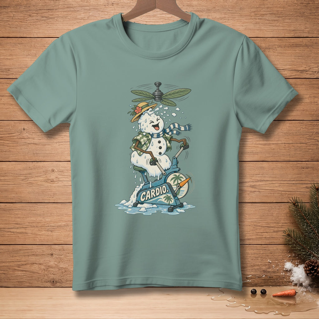 Melting snowman exercising on a stationary bike with a fan and "CARDIO" text.
