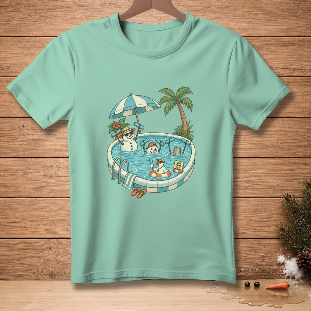 Snowmen in a pool with an umbrella, palm tree, and sign that reads "One More Set".