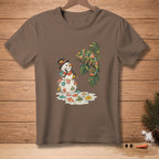 Snowman with cocktail umbrellas and chameleon on a branch design on brown t-shirt.