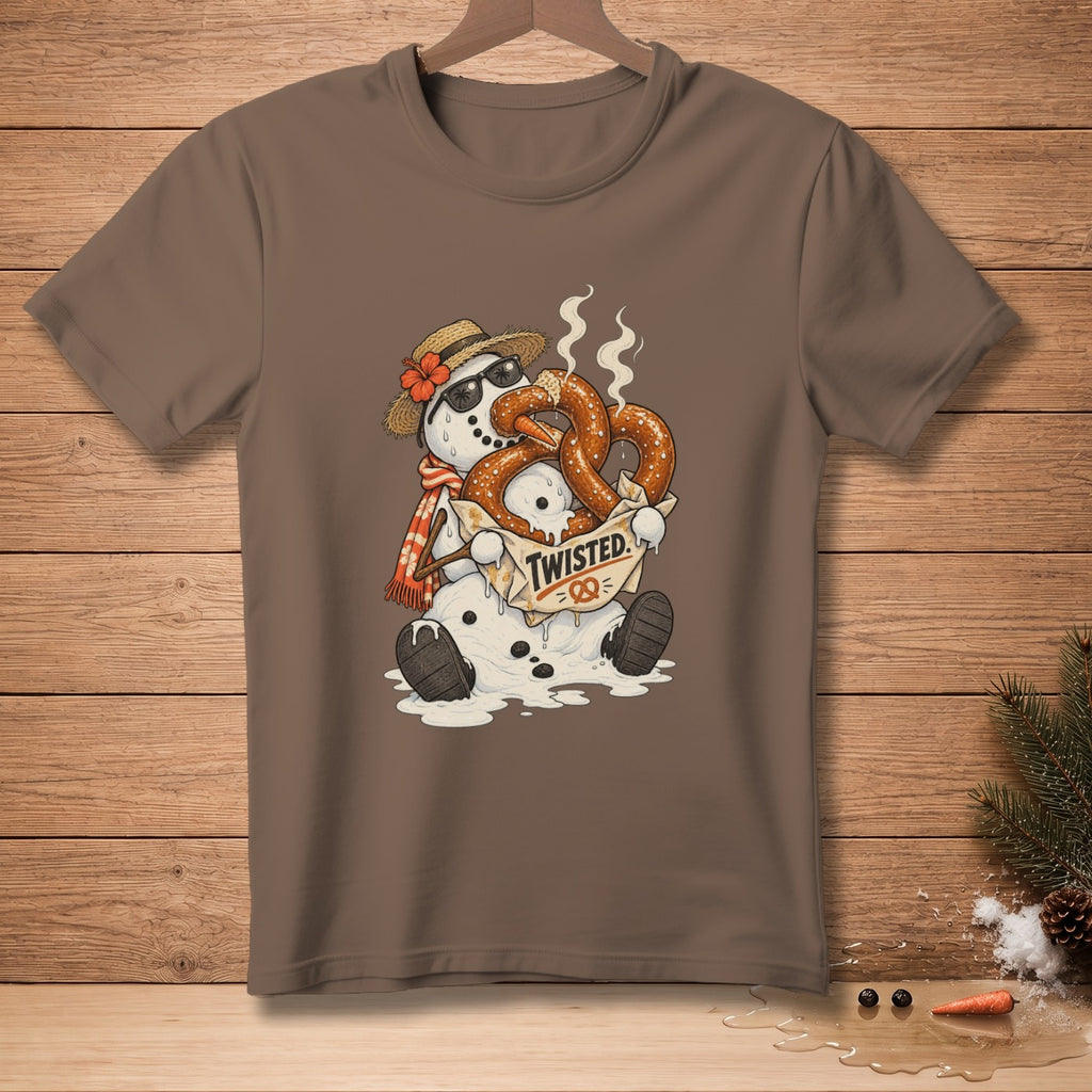 Brown t-shirt with a melting snowman wearing sunglasses, hat, and scarf, eating pretzels.