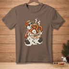 Brown t-shirt with a melting snowman wearing sunglasses, hat, and scarf, eating pretzels.