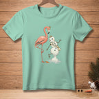 Flamingo and melting snowman wearing crowns, snowman has "Miss Poise" sash.