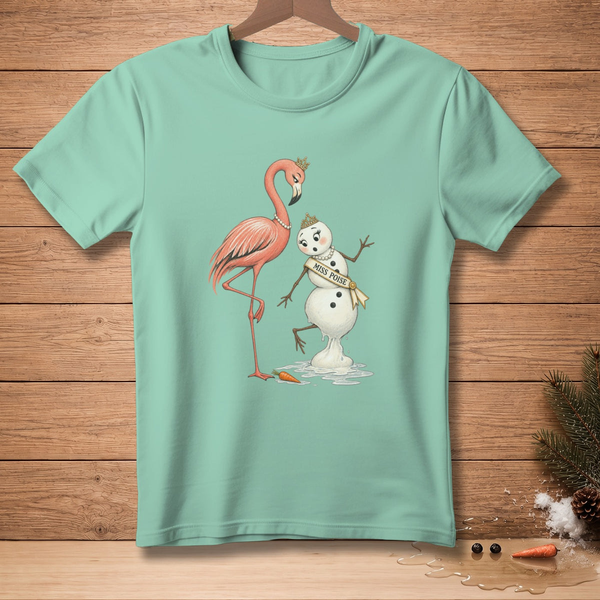 Flamingo and melting snowman wearing crowns, snowman has "Miss Poise" sash.