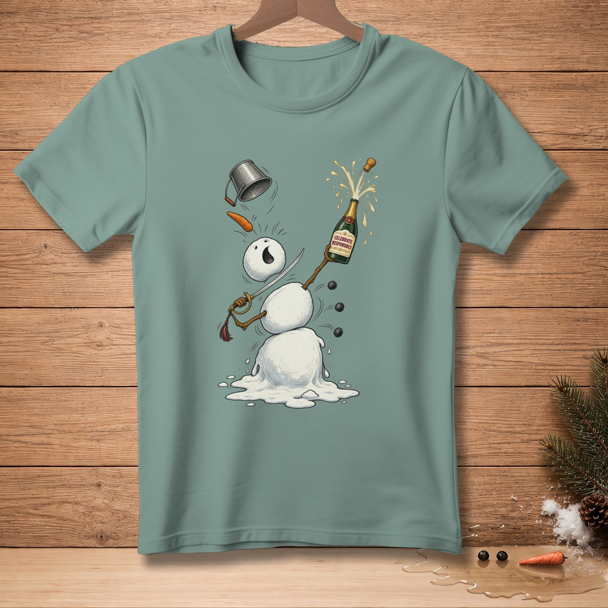 Snowman melting while popping champagne bottle with "Celebrate Responsibly" label.