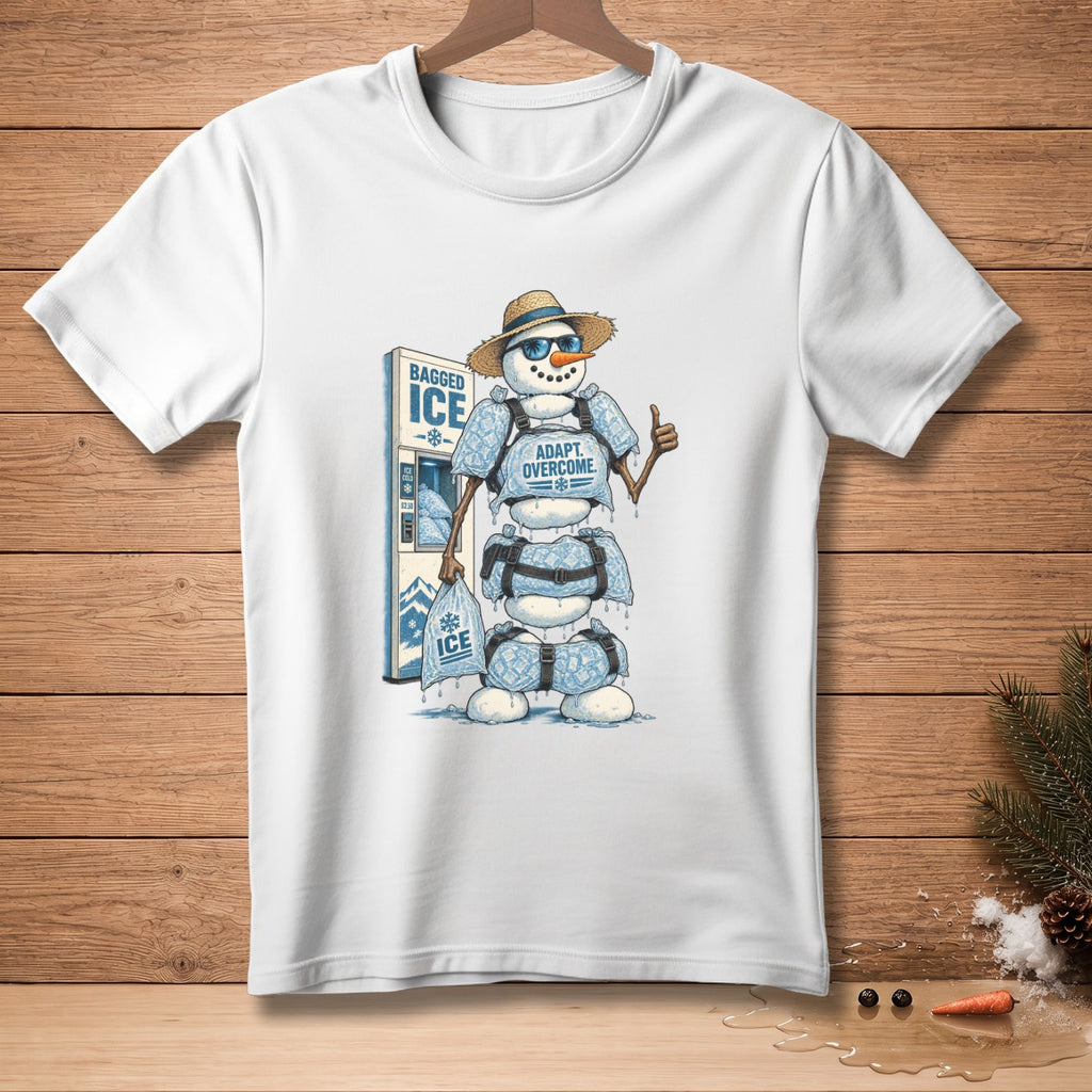 Snowman in sunglasses and hat at ice vending machine with text "ADAPT. OVERCOME."