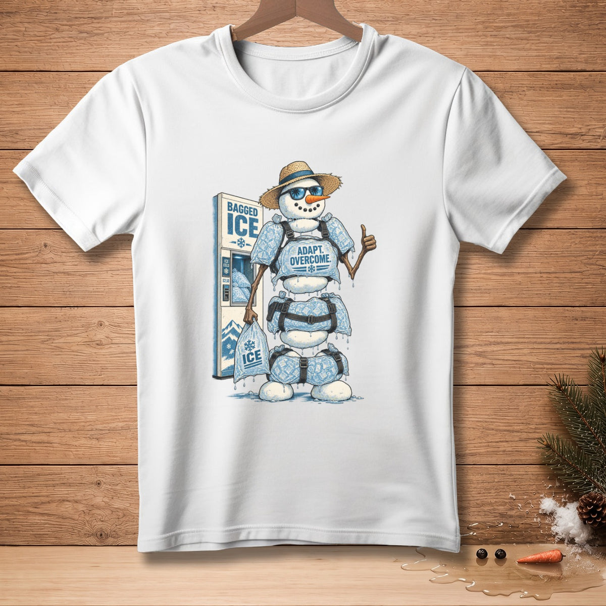 Snowman in sunglasses and hat at ice vending machine with text "ADAPT. OVERCOME."