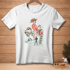 Flamingo and melting snowmen taking photos with a camera and photo strip.