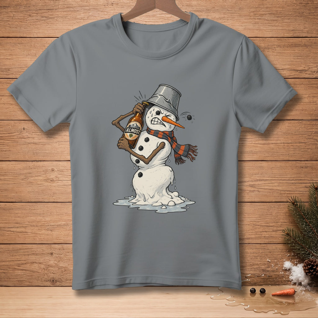 Snowman wearing a bucket hat and scarf struggles to open a bottle labeled "Almost".