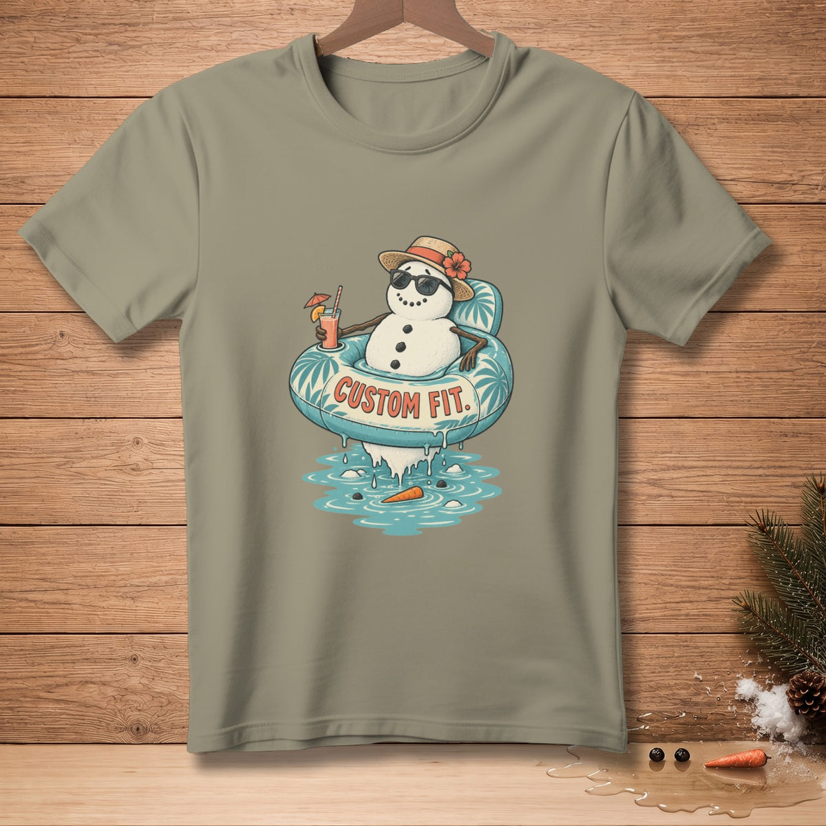 Snowman in a float wearing sunglasses and hat, "CUSTOM FIT" text.