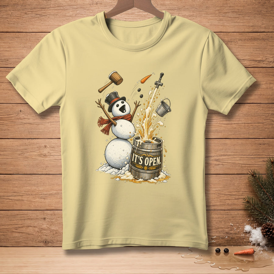 Snowman with hat, scarf, and mallet opening a beer keg with "IT'S OPEN" text.