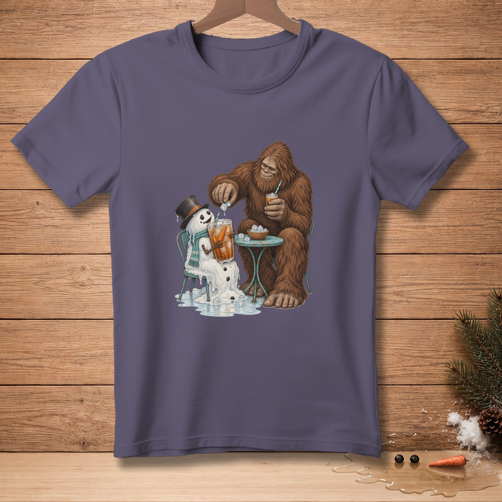 Bigfoot pouring drink for melting snowman in a top hat.