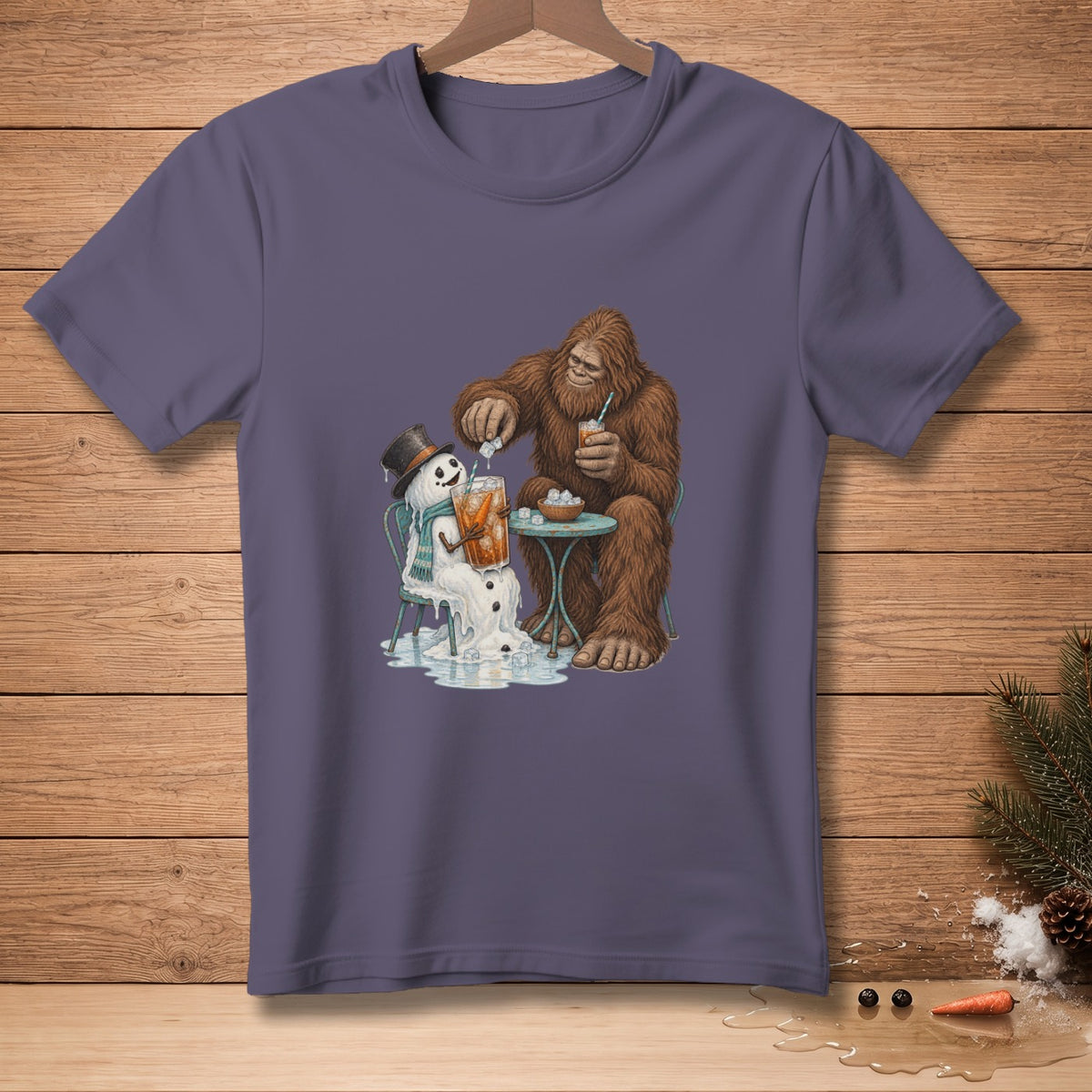 Bigfoot pouring drink for melting snowman in a top hat.