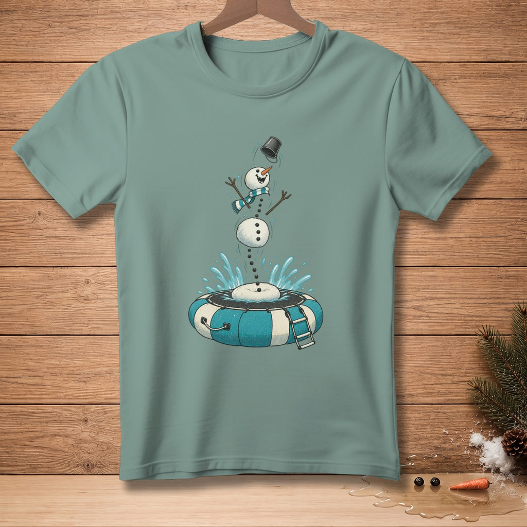 Snowman falling into inner tube, splashing water, on teal t-shirt.