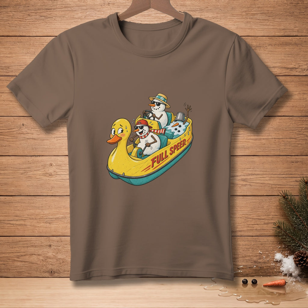 Snowmen in a duck-shaped raft with text "FULL SPEED".