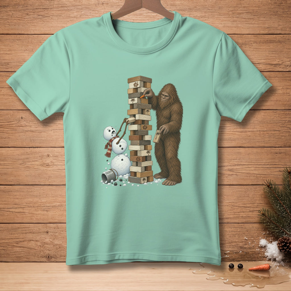 Bigfoot playing Jenga with a melting snowman.