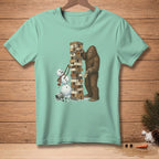 Bigfoot playing Jenga with a melting snowman.