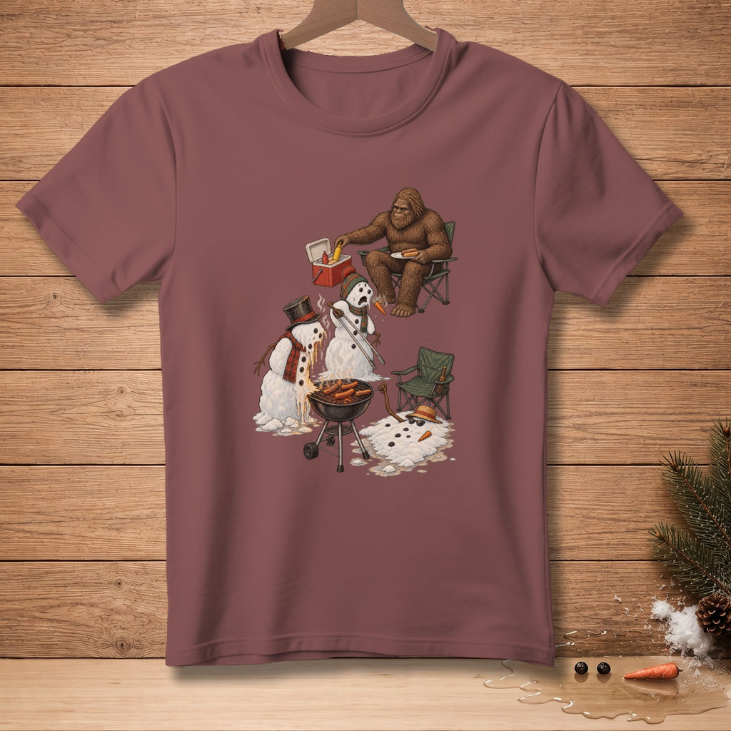 Bigfoot grilling hot dogs with melting snowmen at a barbecue.