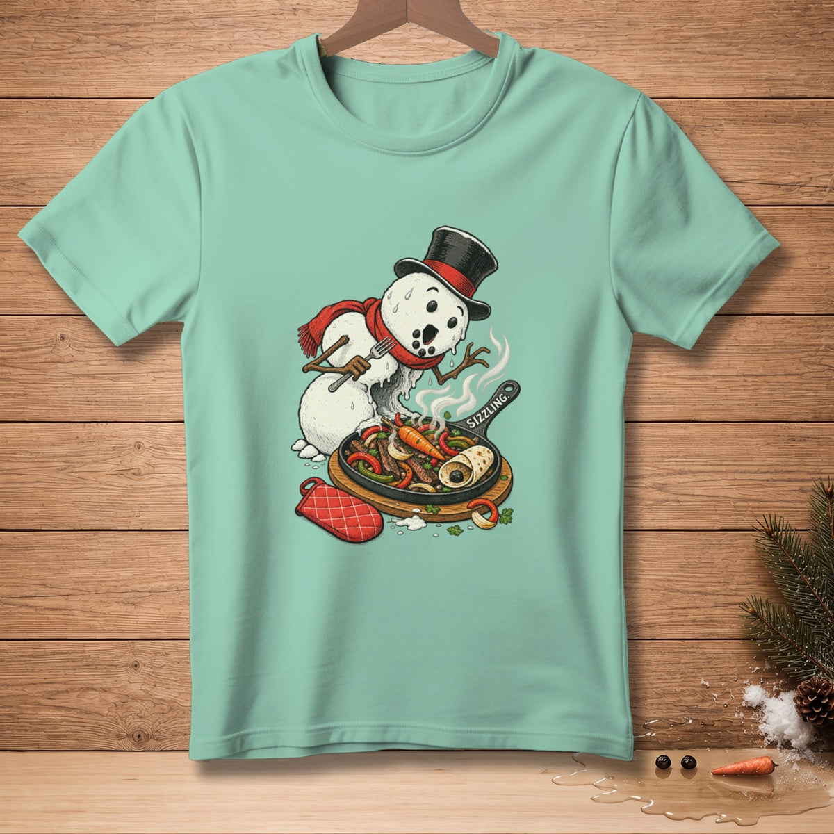 Melting snowman in top hat and scarf cooking sizzling fajitas on a cast iron skillet.