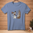 Snowman in a hat and scarf blowing leaves with a leaf blower.