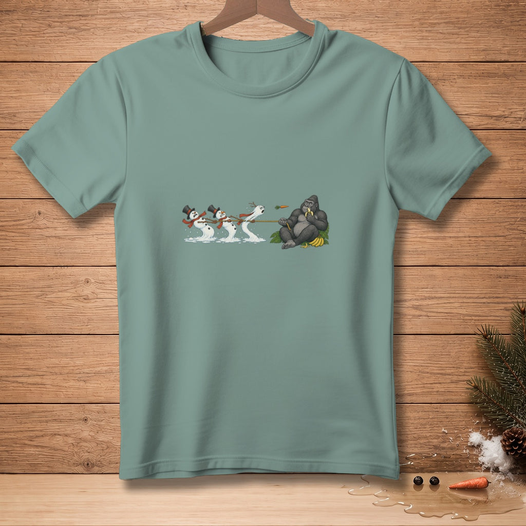 Cartoon of snowmen pulling a gorilla who is eating bananas.