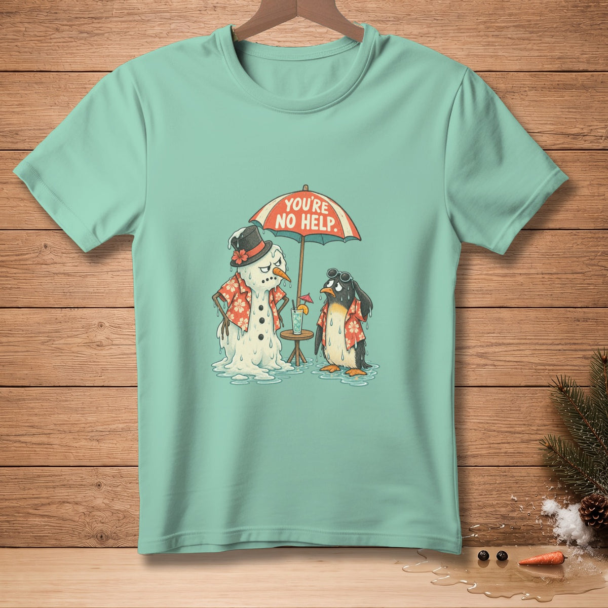 Melting snowman and penguin under umbrella that reads "You're No Help".