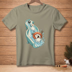 Snowman on waterslide wearing orange safety device with text.