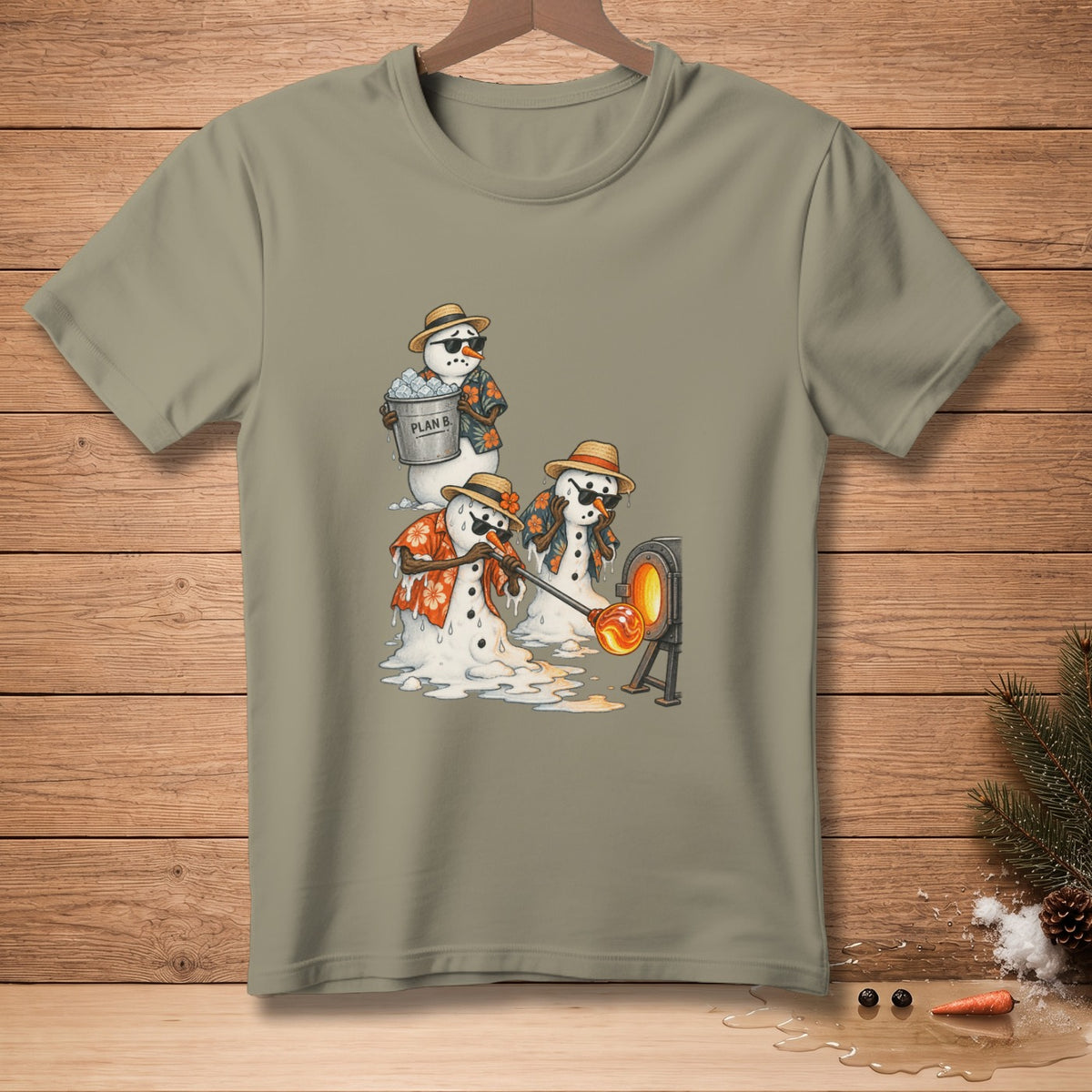 Three melting snowmen in Hawaiian shirts and hats, one with a bucket labeled "PLAN B."