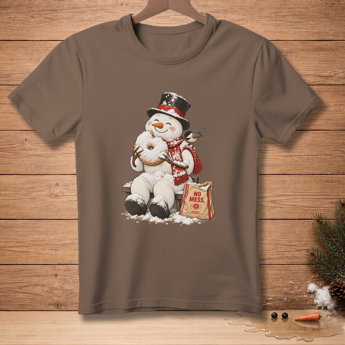 Snowman in top hat eating donut with a bird and "No Mess Bakery" bag.