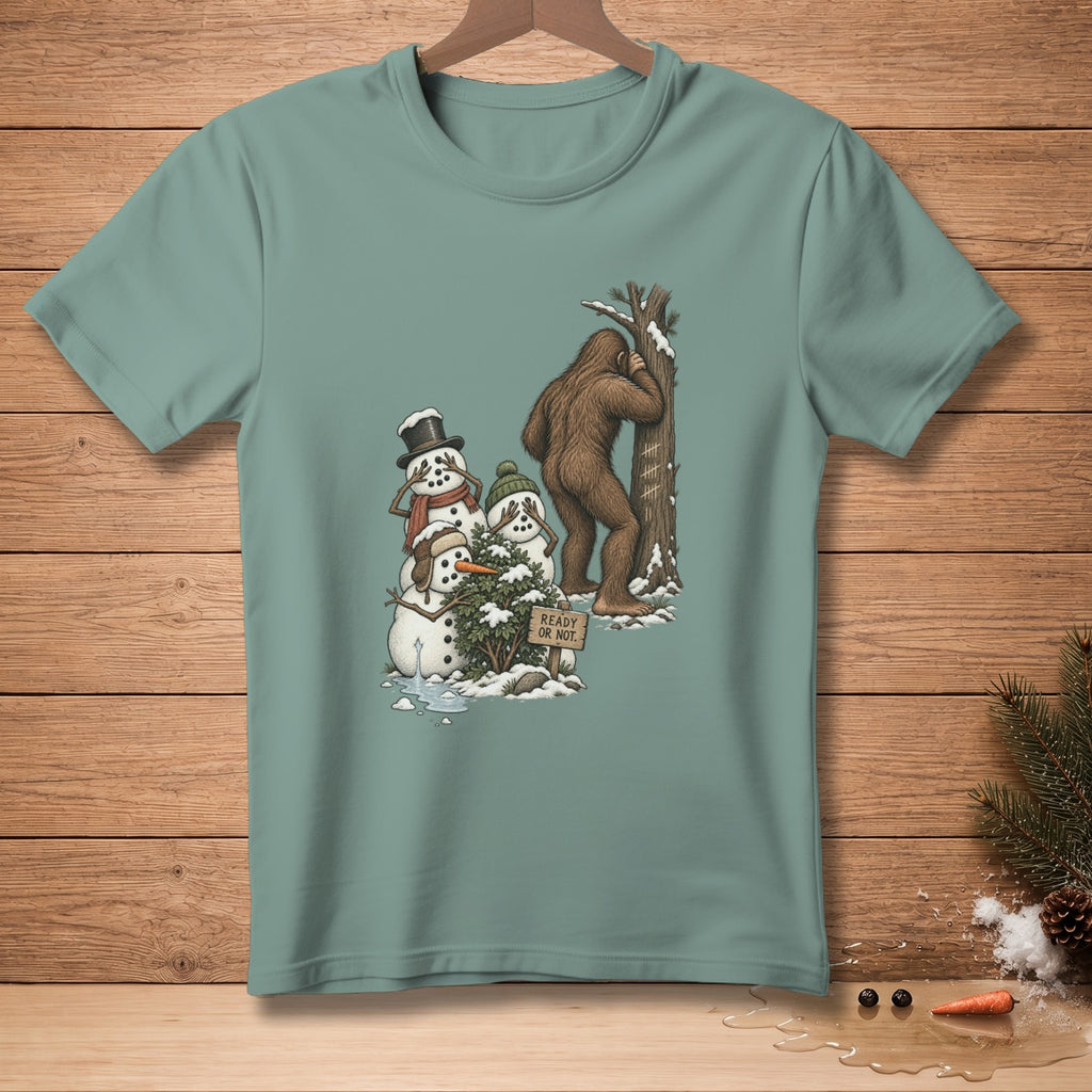 Bigfoot plays hide-and-seek with snowmen near a tree with a "Ready or Not" sign.
