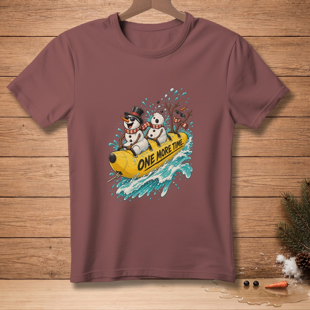Snowmen in sunglasses ride a banana boat with text "ONE MORE TIME".