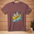 Snowmen in sunglasses ride a banana boat with text "ONE MORE TIME".