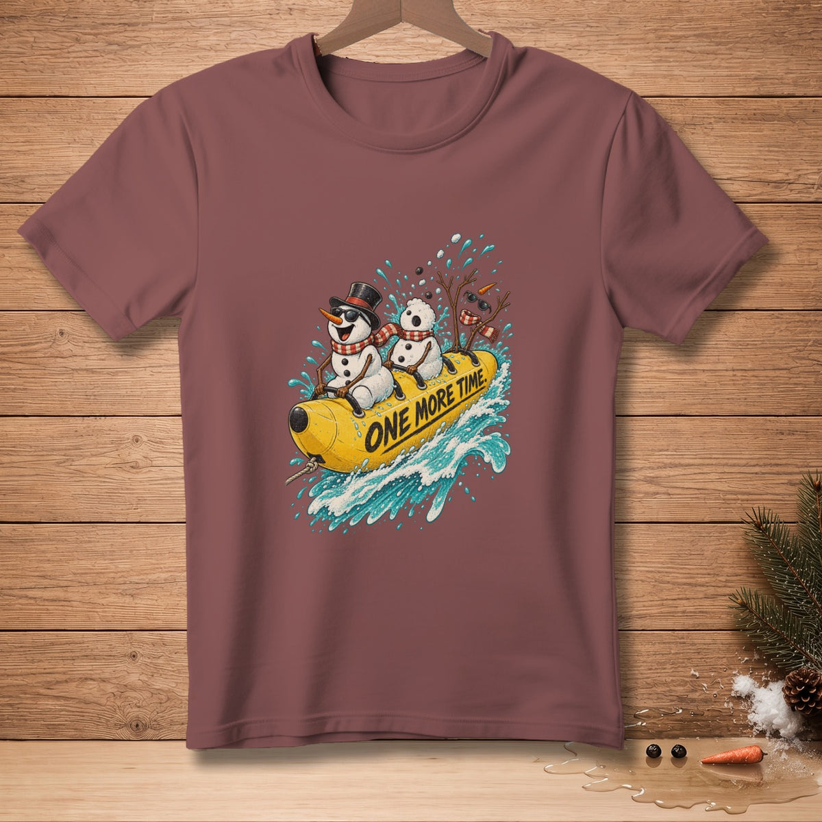 Snowmen in sunglasses ride a banana boat with text "ONE MORE TIME".