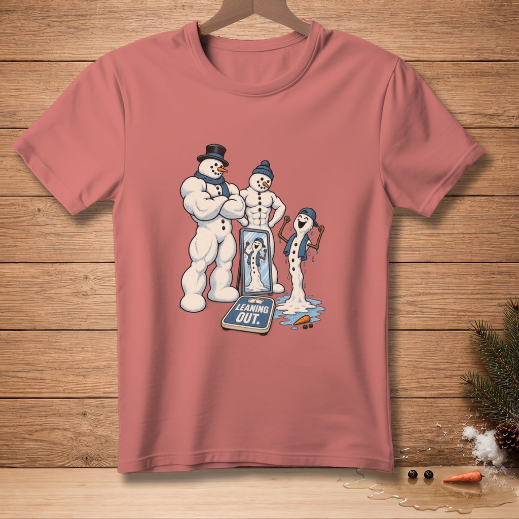 Three muscular snowmen, one melting, in front of a mirror and scale.