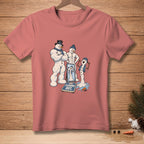 Three muscular snowmen, one melting, in front of a mirror and scale.