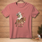 Snowman riding a donkey wearing sunglasses and Hawaiian shirt, holding bucket.