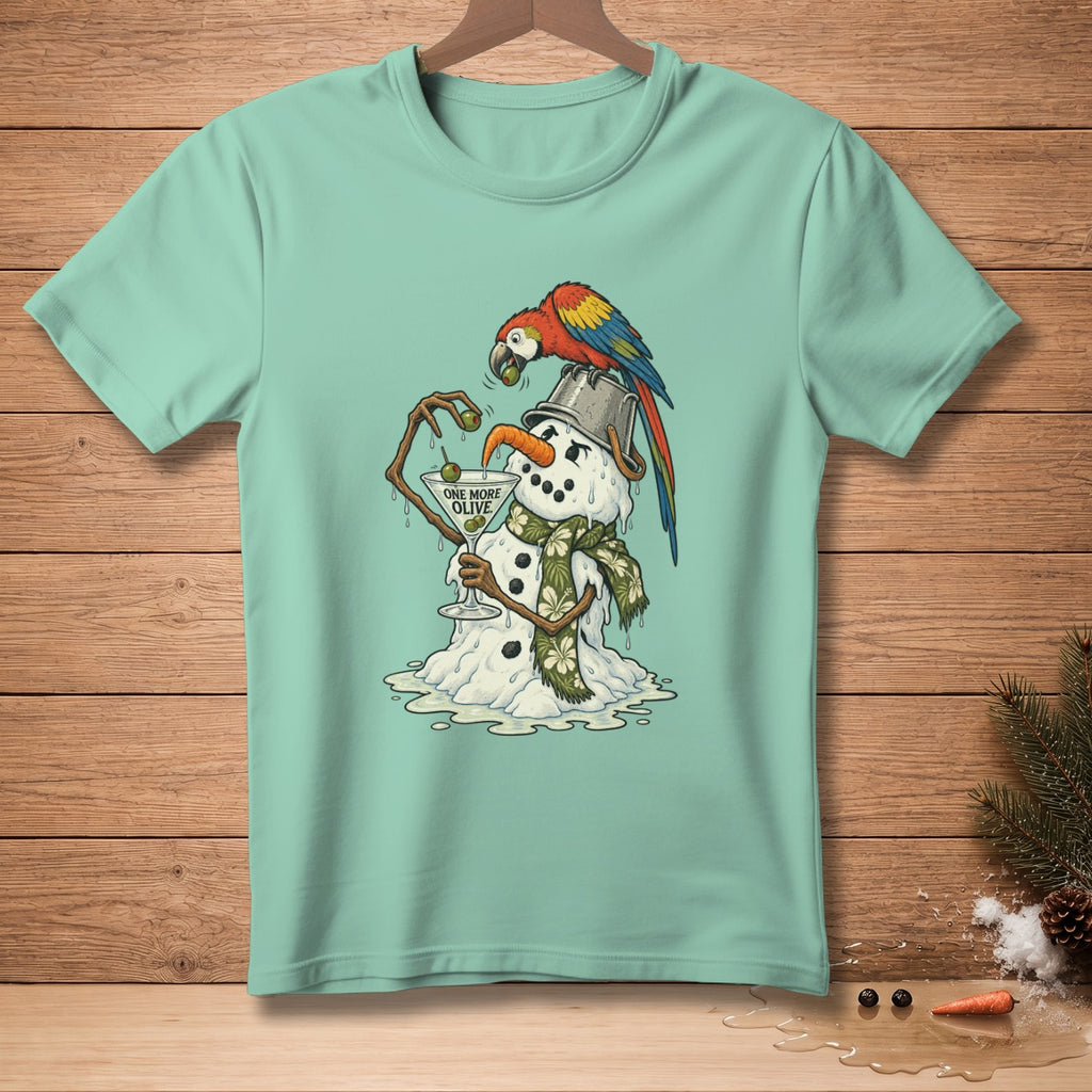 Melting snowman with parrot on bucket hat, holding martini glass with "One More Olive".