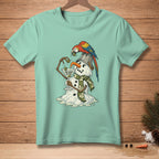 Melting snowman with parrot on bucket hat, holding martini glass with "One More Olive".