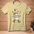 Yellow t-shirt with melting snowman on roller skates saying "Found My Balance".