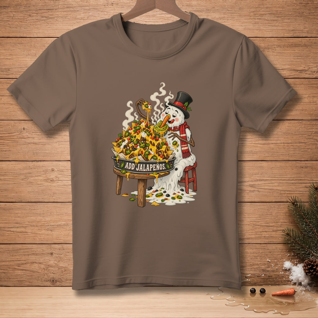 Snowman wearing a top hat and scarf eating a large plate of nachos with "ADD JALAPENOS" text.