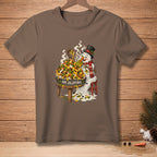 Snowman wearing a top hat and scarf eating a large plate of nachos with "ADD JALAPENOS" text.